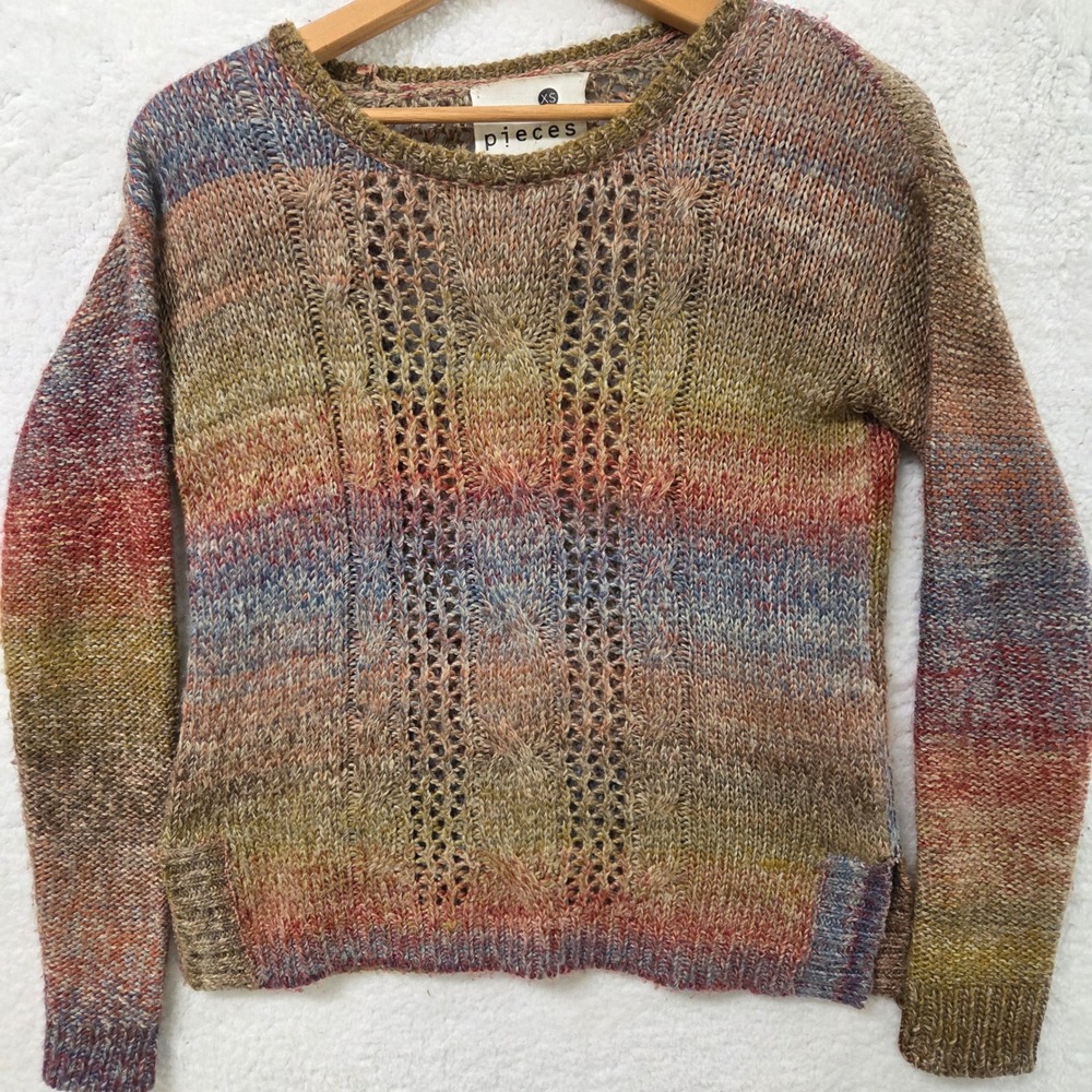 Pieces Kensie Boho Rainbow Stripe Knit Grandpa Sweater Top XS Open Weave‎